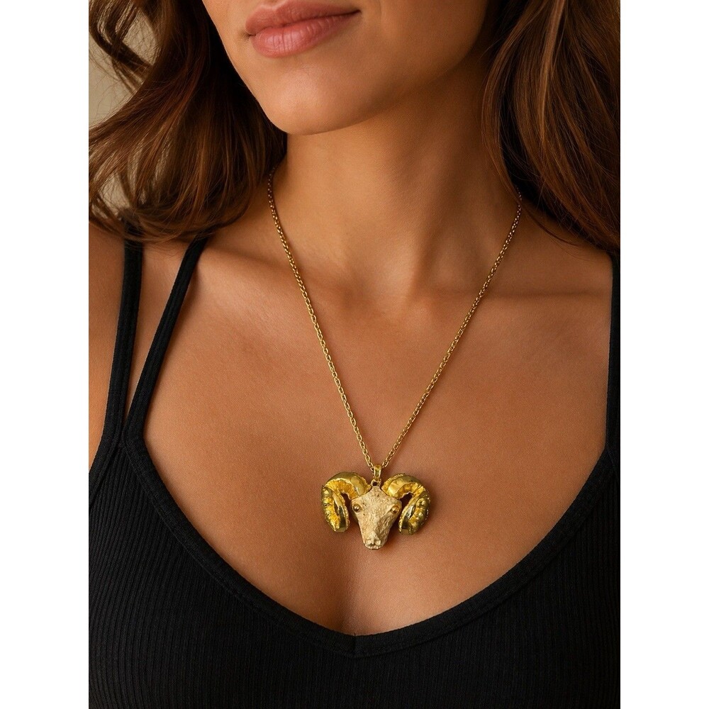 Vintage Razza Ram Head Necklace Pendant Zodiac Goat Gold Chain Signed